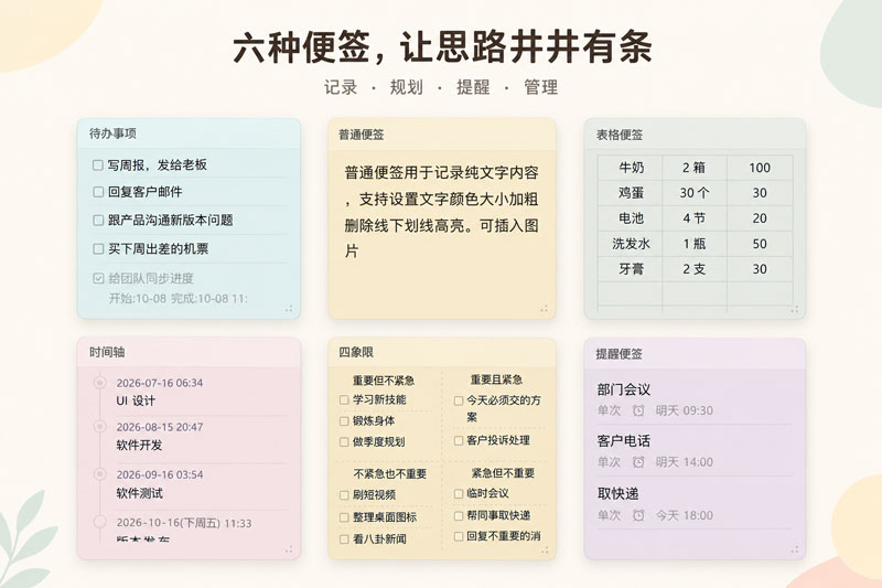 普通便签、待办事项、提醒便签、四象限、时间轴和轻表格